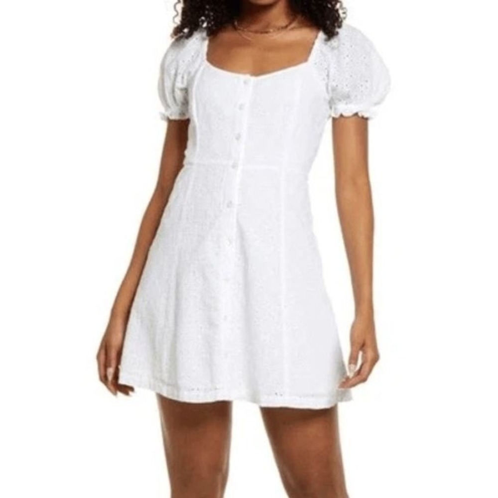 BP. Women's Button Front Short Puff Sleeve Cotton Eyelet Minidress White Small